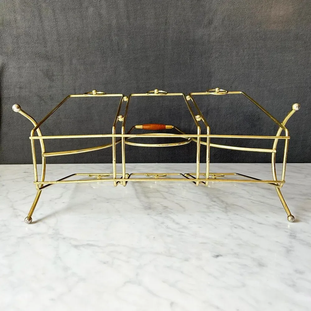 Mid Century Modern Brass Magazine Rack Wood Handle Atomic Geometric Vintage